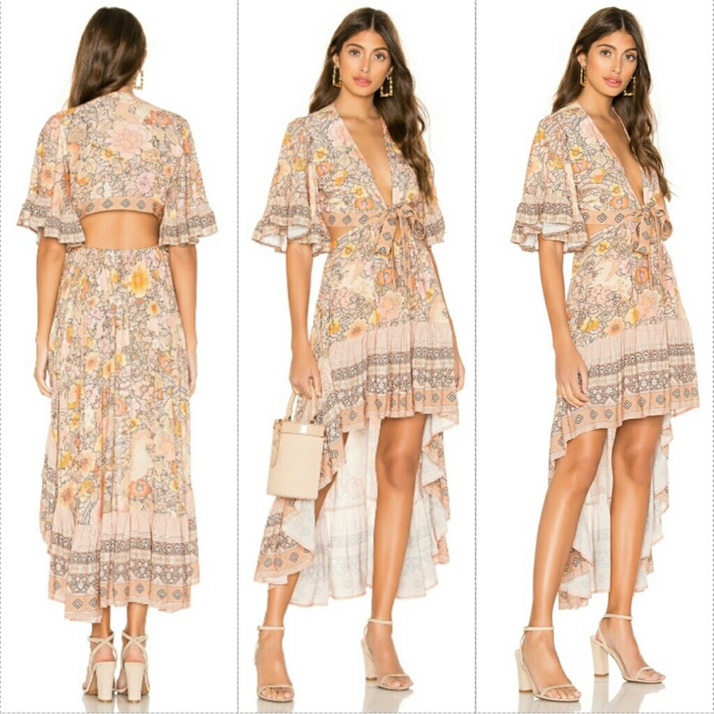 Spell Amethyst High Low Floral Dress in Cream Pink and Orange
